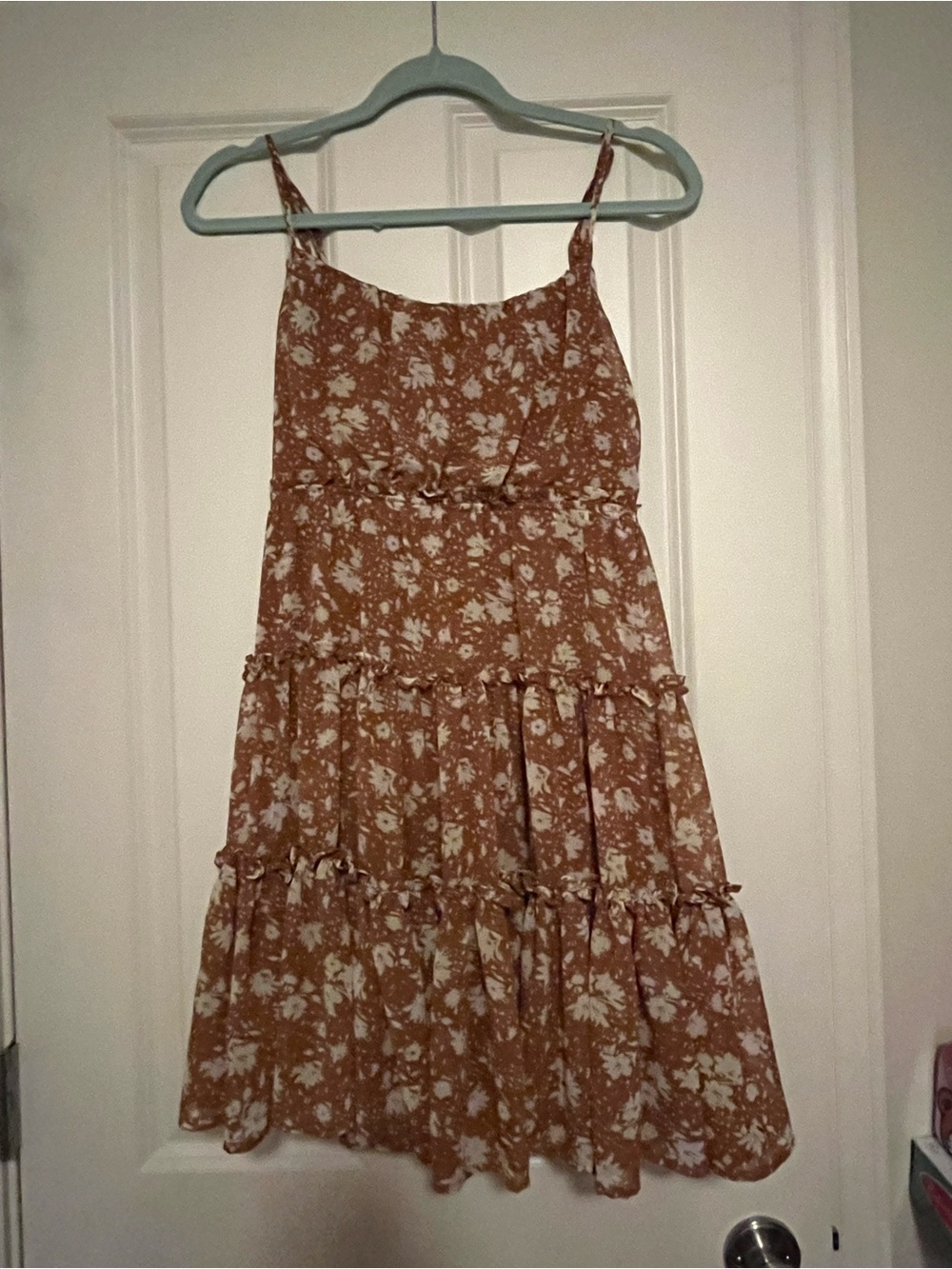 Floral Tiered Spaghetti-Strap Dress in Rust